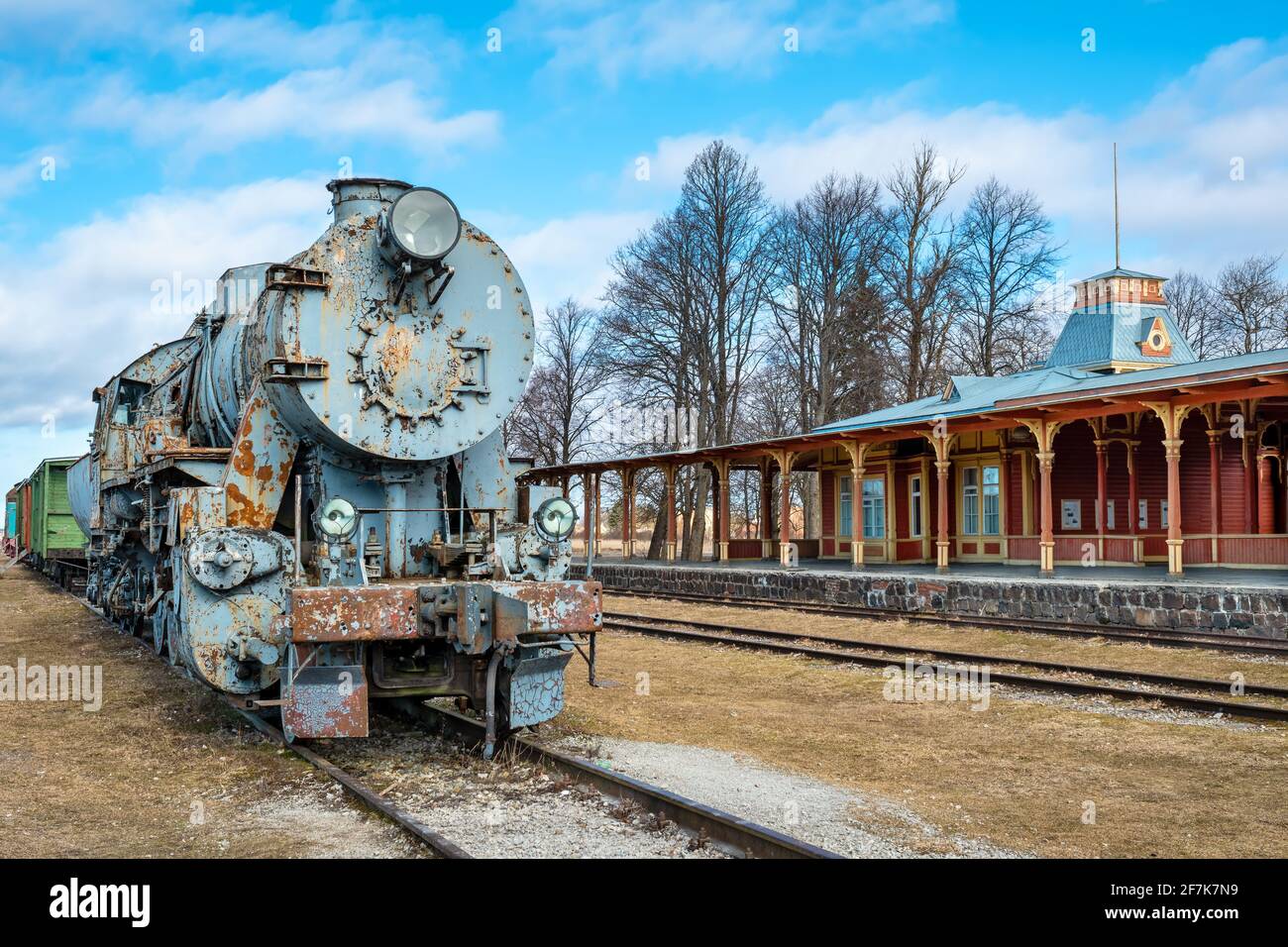 Retro steam locomotive train at old vintage railway station. Haapsalu, Estonia Stock Photo