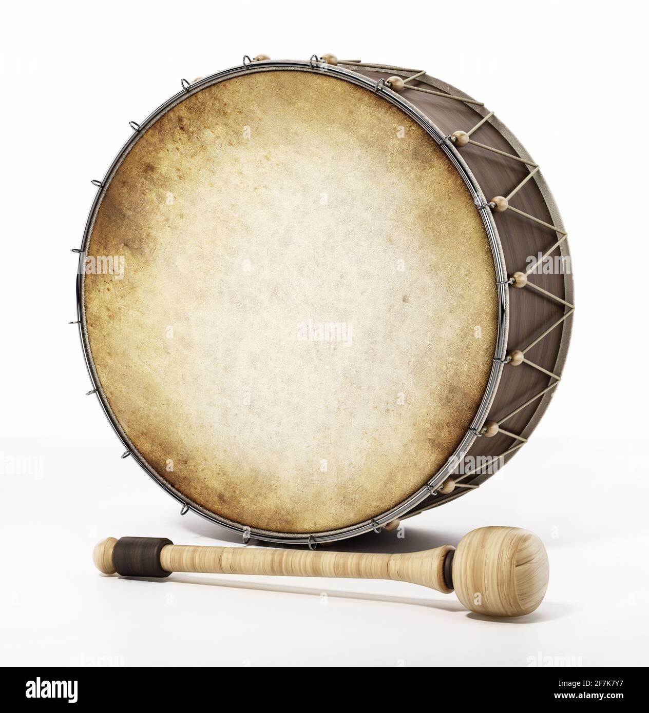 Generic traditional Ramadan drum and stick isolated on white background. 3D illustration. Stock Photo