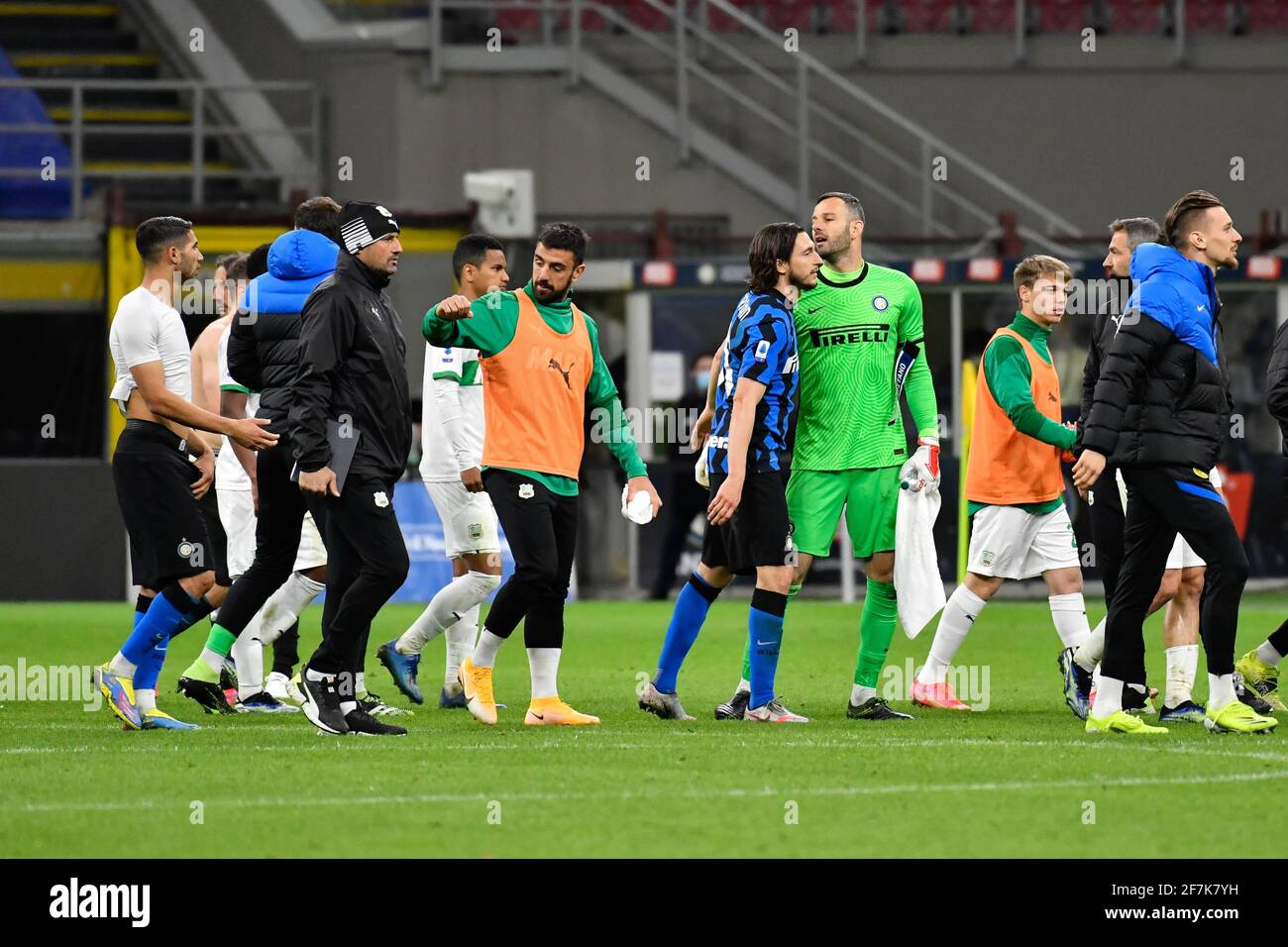 Milano, Italy. 07th Apr, 2021. Matteo Darmian (36) and goalkeeper Samir Handanovic of Inter Milan seen after the Serie A match between Inter Milan and Sassuolo at Giuseppe Meazza in Milano. (Photo Credit: Gonzales Photo/Alamy Live News Stock Photo