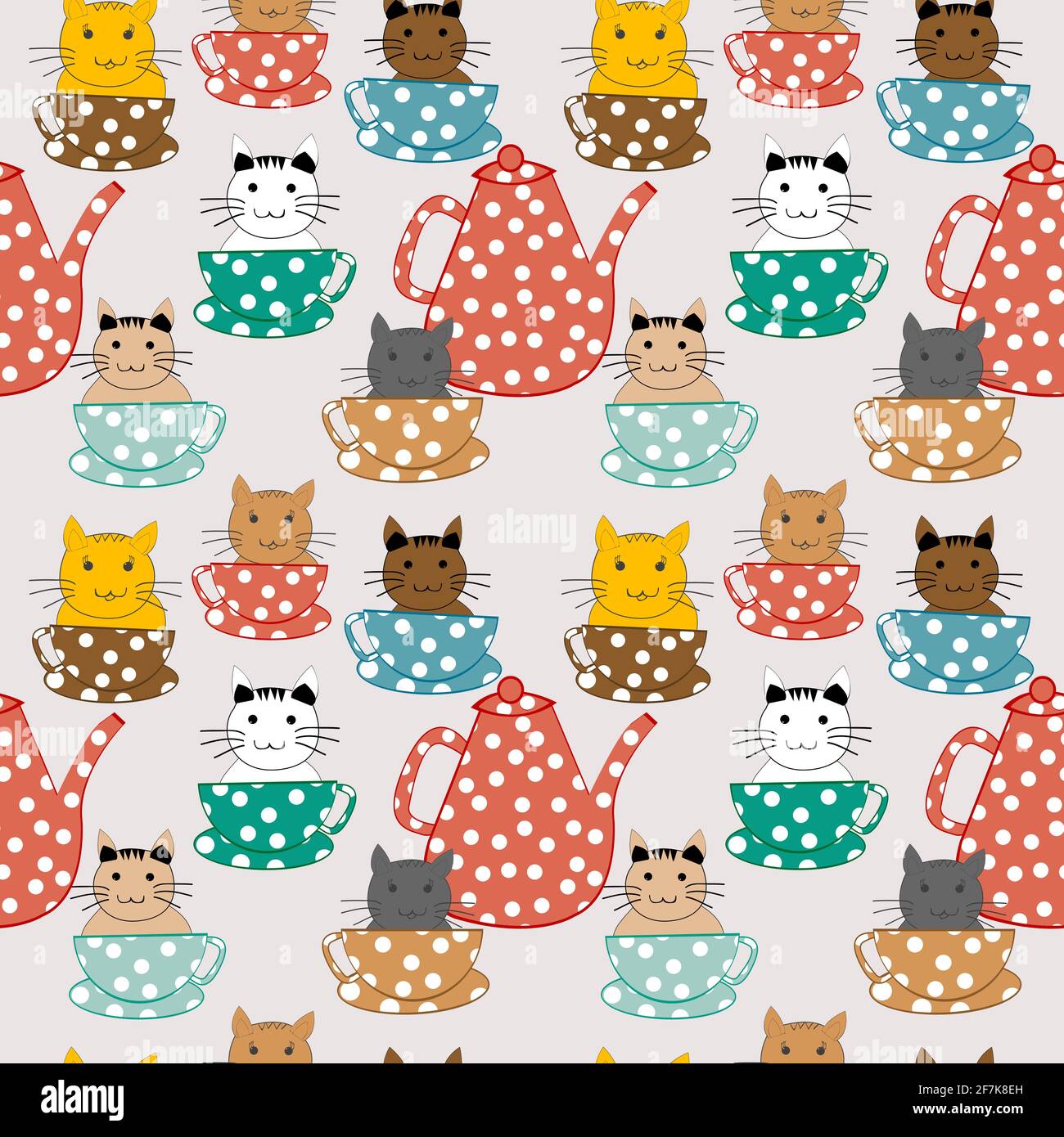 Cartoon cats in cups seamless pattern Stock Vector