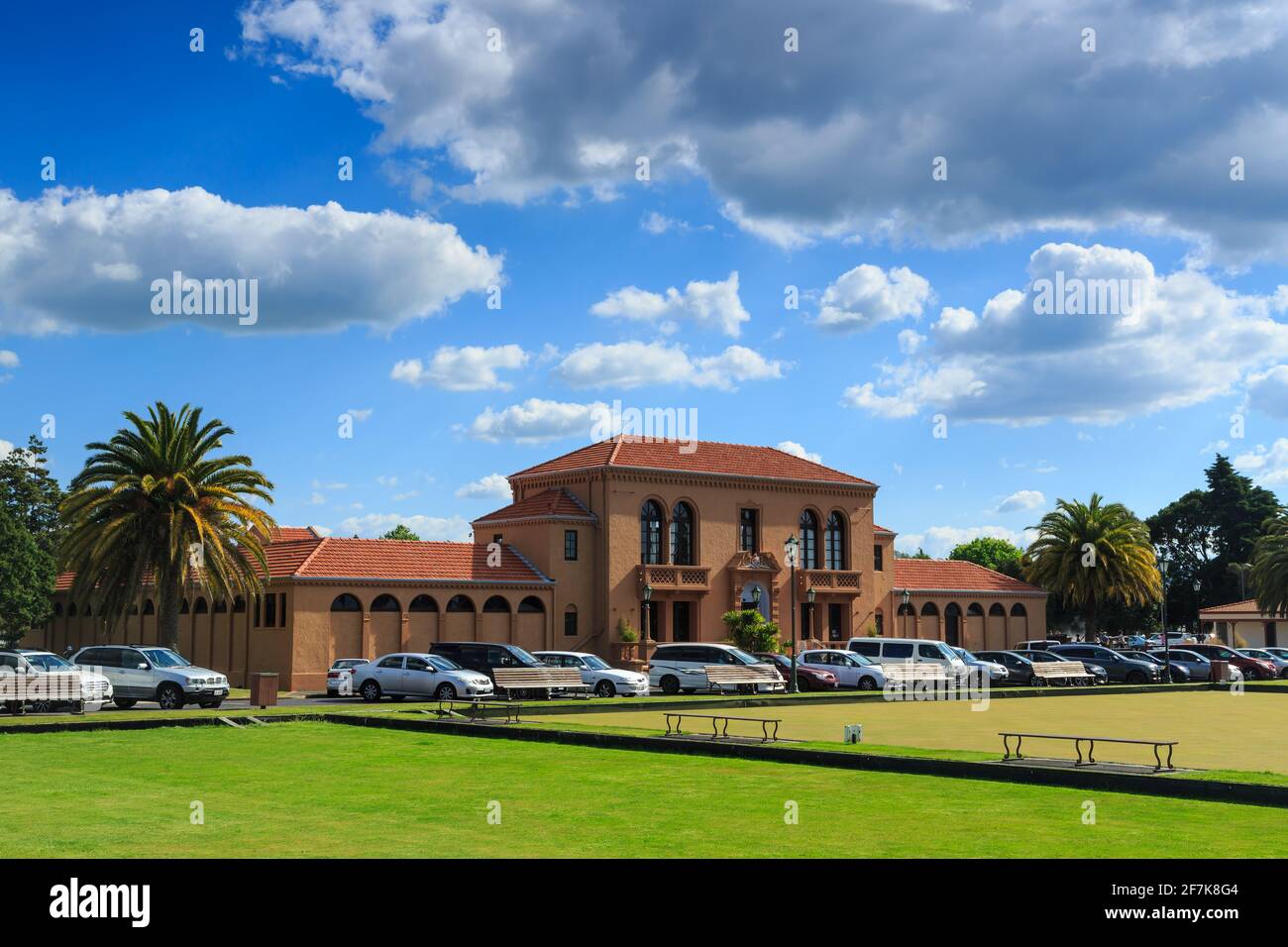 The historic Blue Baths building (1933) in Government Gardens, Rotorua, New Zealand Stock Photo