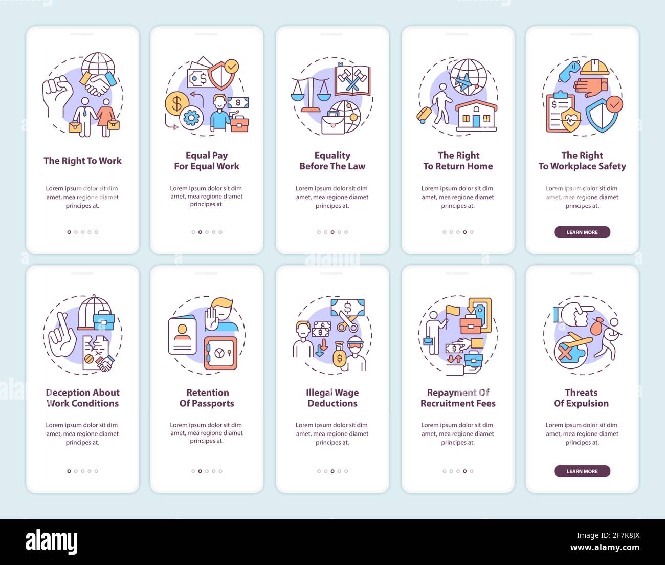 Migrant workers rights onboarding mobile app page screen with concepts set Stock Vector