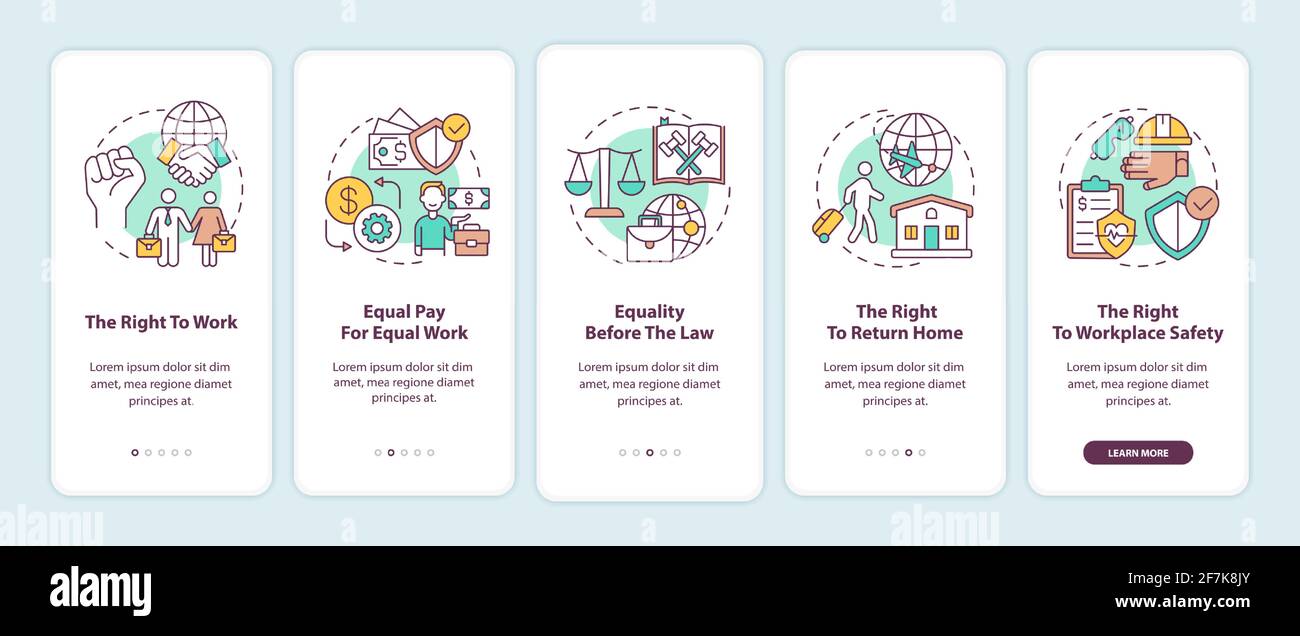 Migrant workers rights onboarding mobile app page screen with concepts Stock Vector