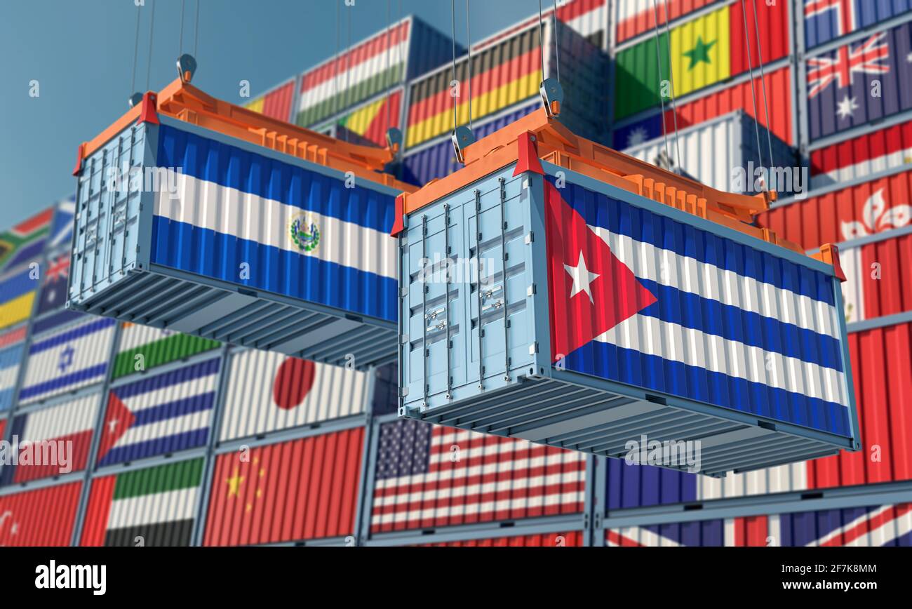 Freight containers with Cuba and El Salvador national flags. 3D