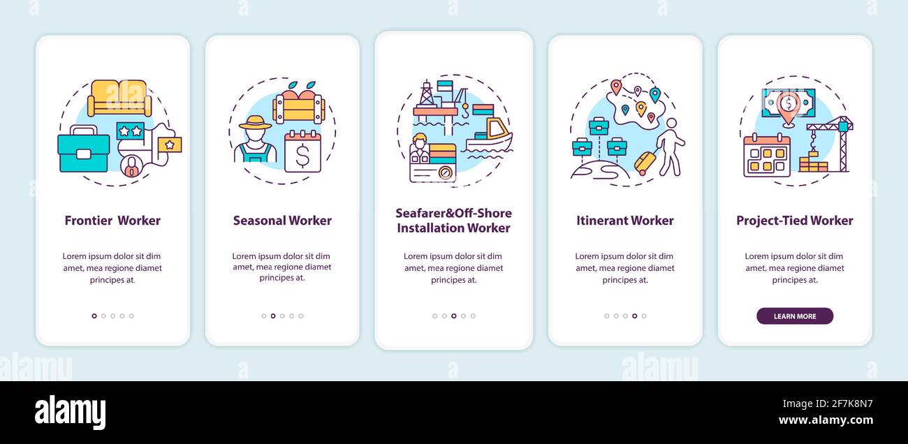 Migrant workers types onboarding mobile app page screen with concepts Stock Vector