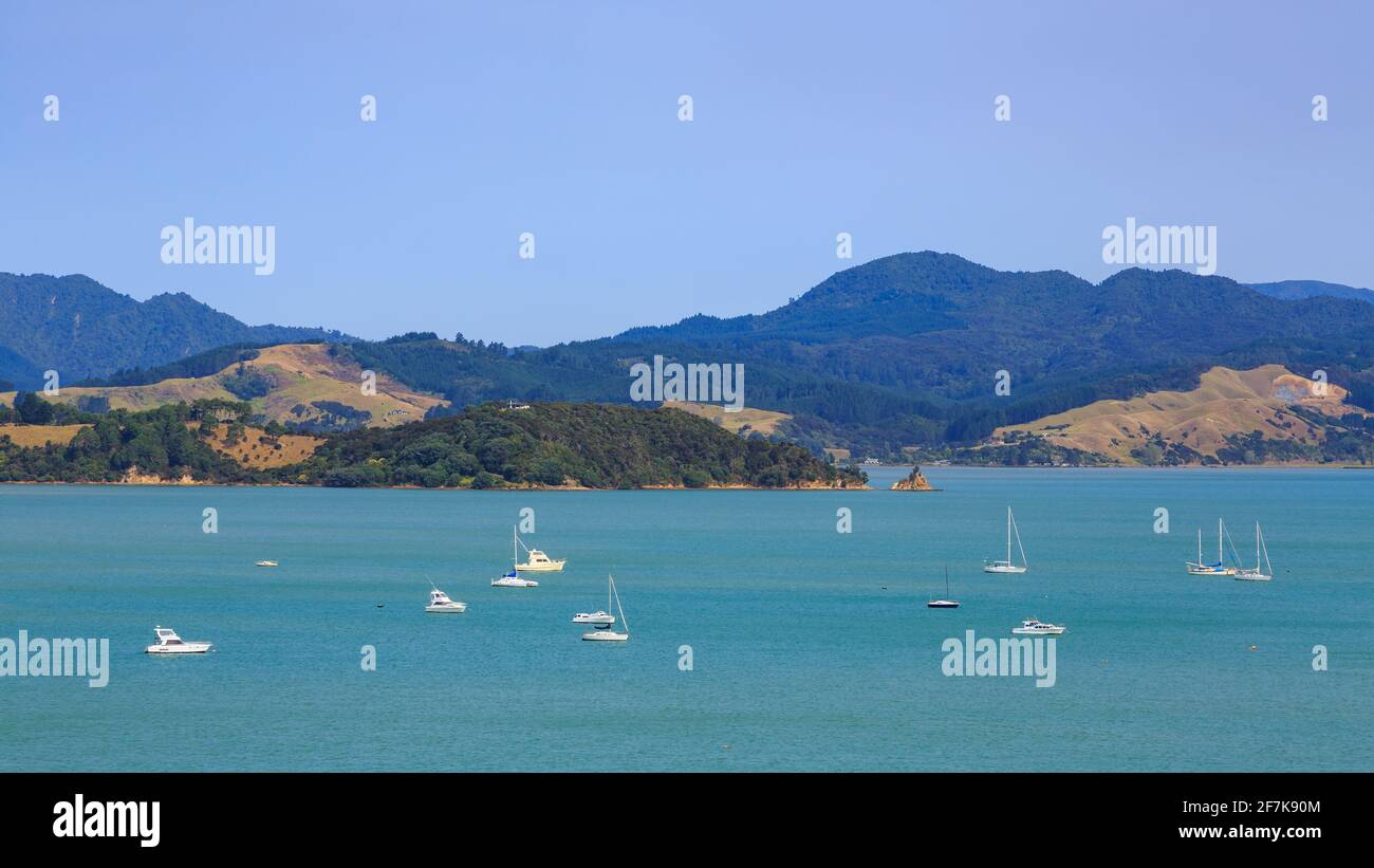 Panoramic view of yachts on Coromandel Harbour on the Coromandel Peninsula, New Zealand Stock Photo