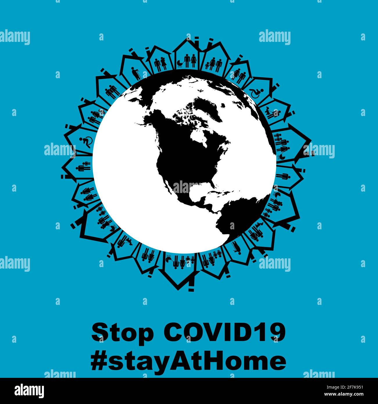 Earth globe with families in houses, stay at home concept, America