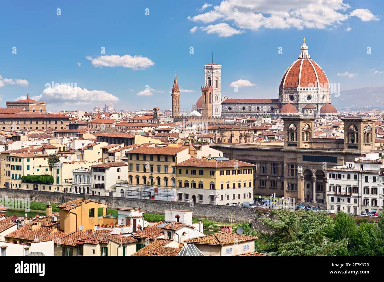 Italy, Toscana, Florence. General view of the city. Cathedral Santa Maria del Fiore. Towers of National Museum of the Bargello and Badia Florentina Stock Photo