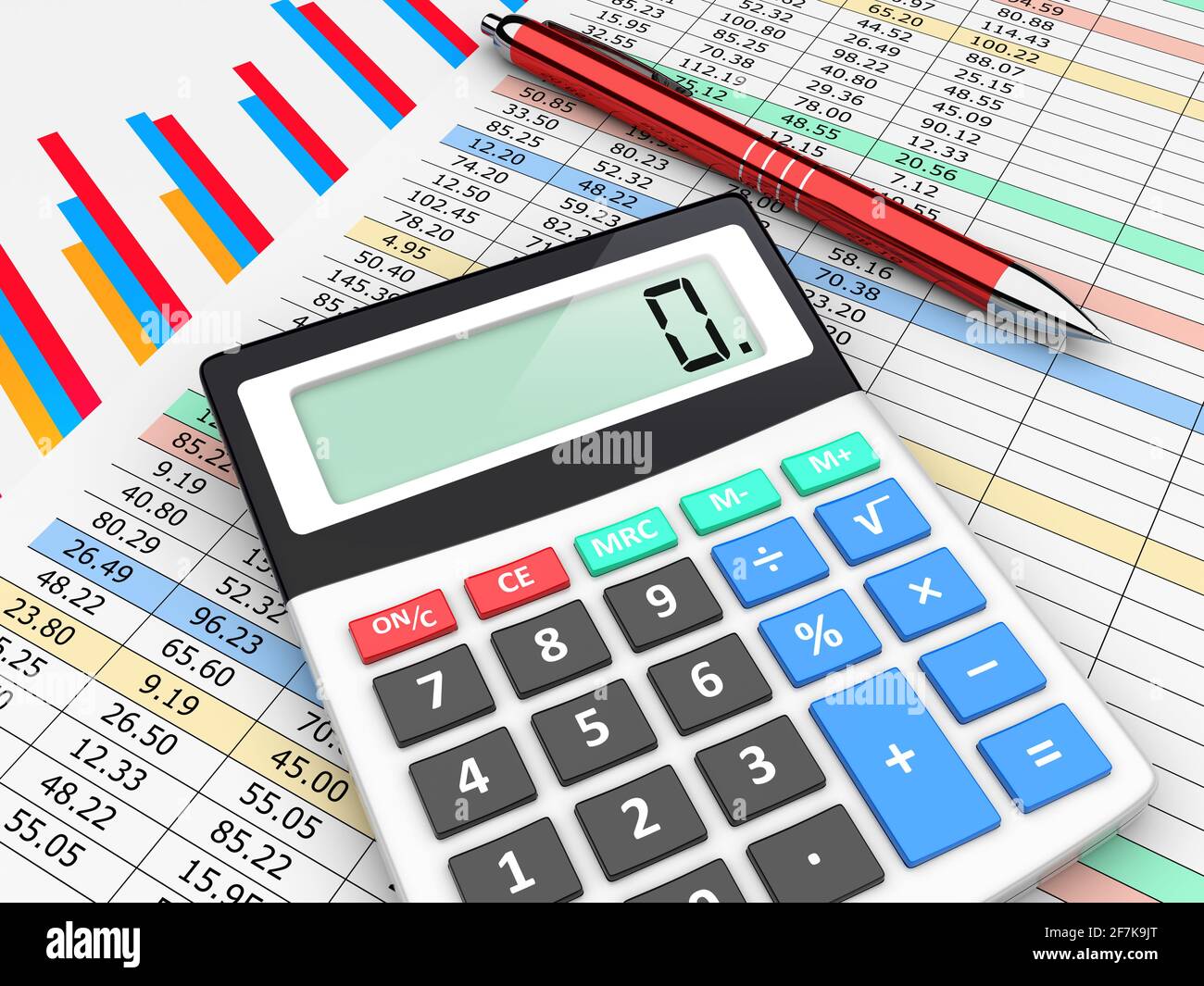 The calculator and pen lies on finance balance tables and graph chart data. A business planning, analyzing and accounting concept Stock Photo