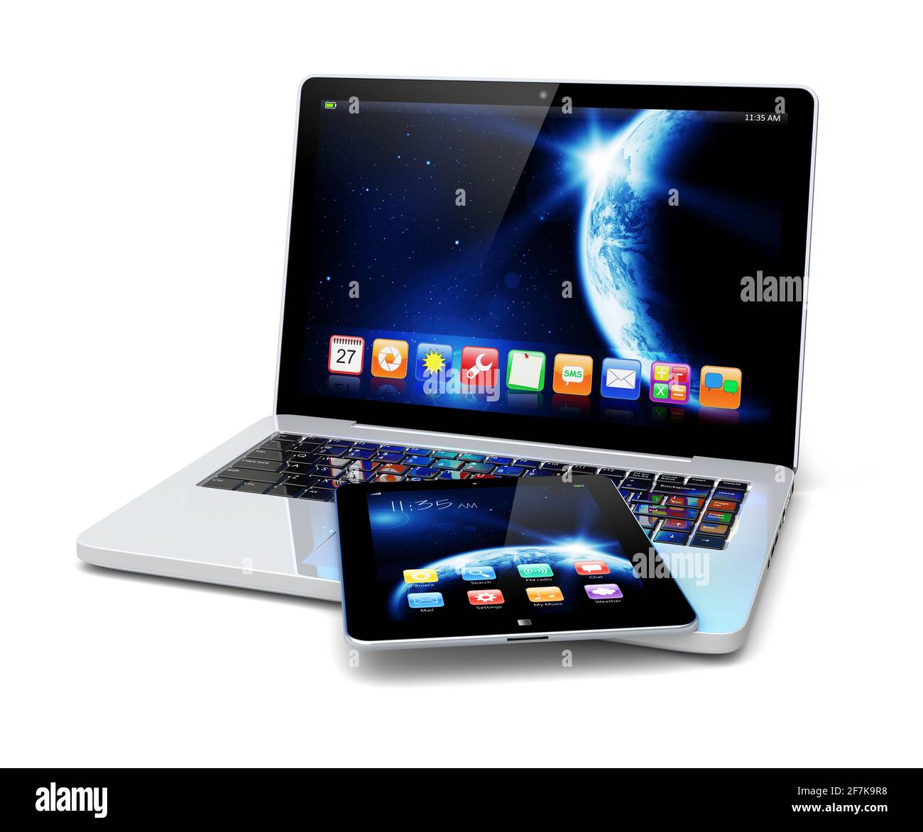 Laptop and tablet pc computer with space dawn wallpaper and apps on a  screen. The Earth texture of this image furnished by NASA.  (http://visibleearth Stock Photo - Alamy