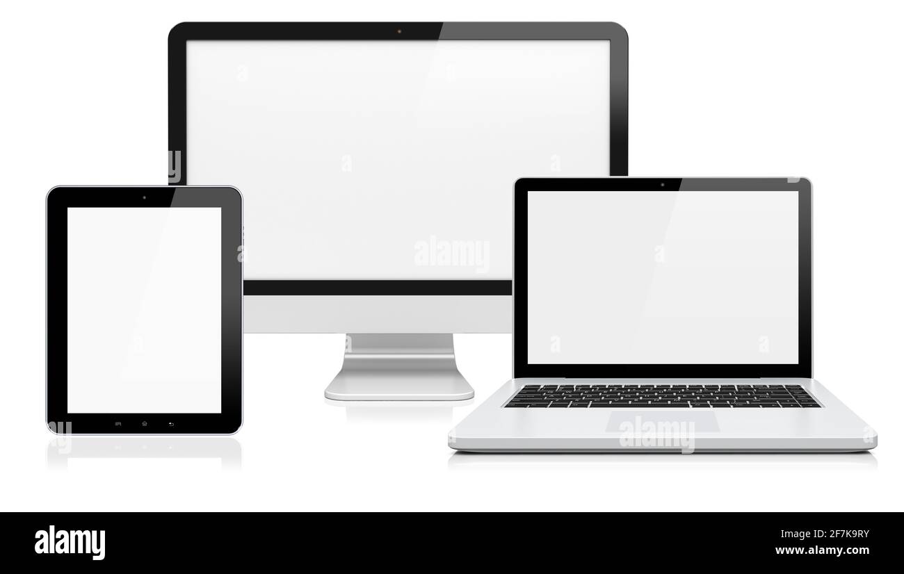 Computer monitor, laptop and tablet pc with a blank screen. Isolated on