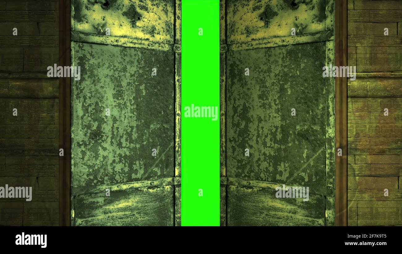 metal door opening to green screen Stock Photo Alamy