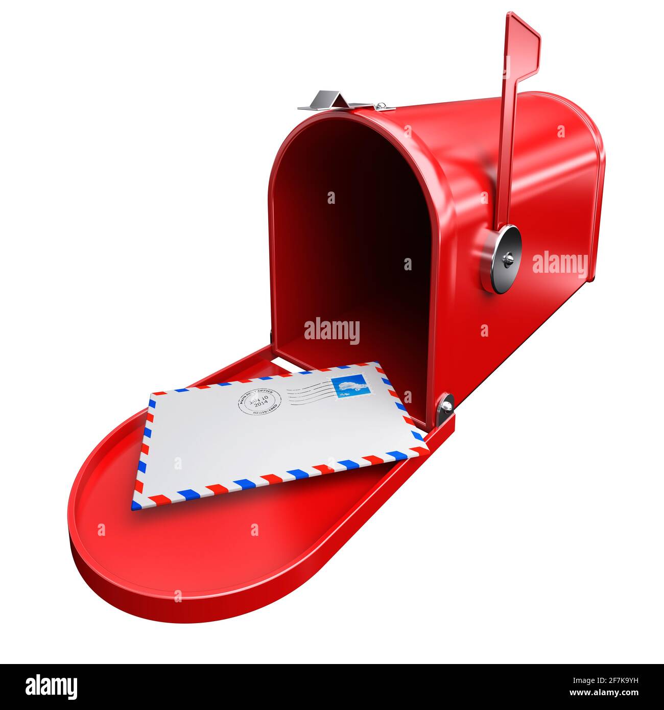 Red mailbox and a letter envelope mail inbox correspondence with postage stamp and postmark. Stock Photo