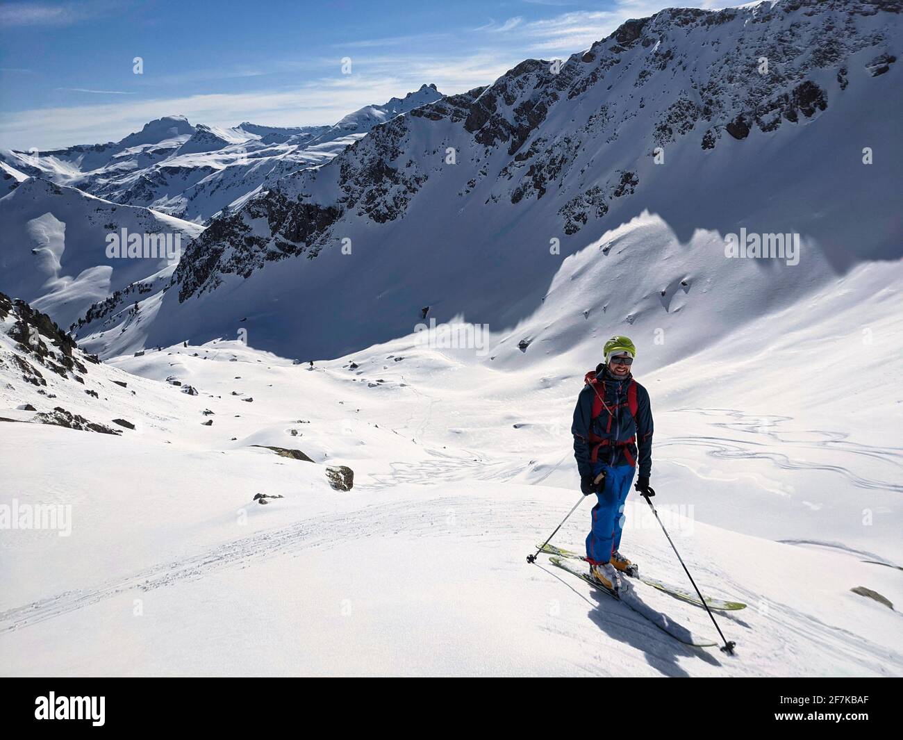 Freeride in powder snow in the murtschen valley above Elm. Big mountains in Switzerland. Ski touring mountaineering Stock Photo