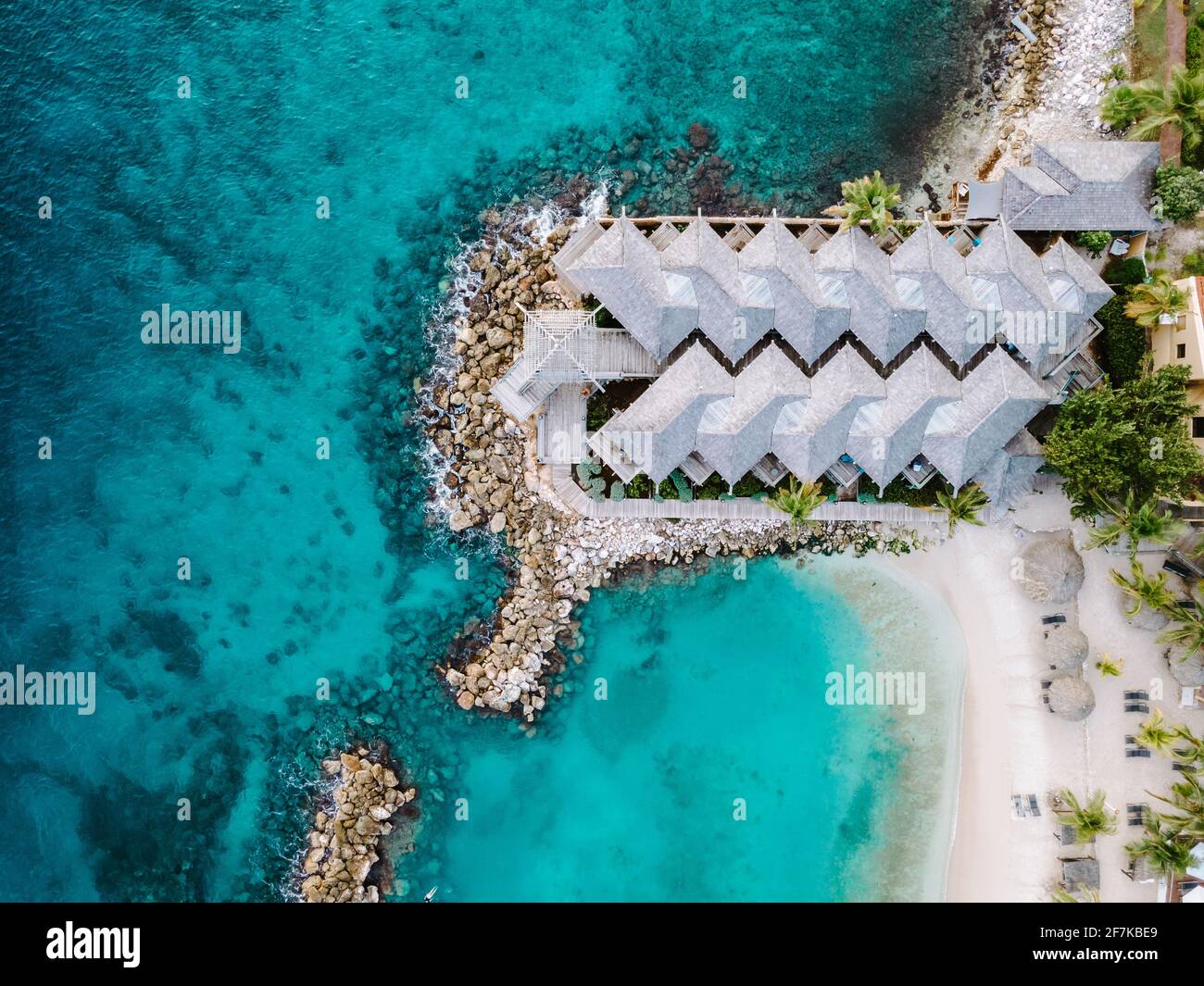 Tropical luxury resort Curacao with private beach and palm trees, luxury vacation Curacao Caribbean Stock Photo