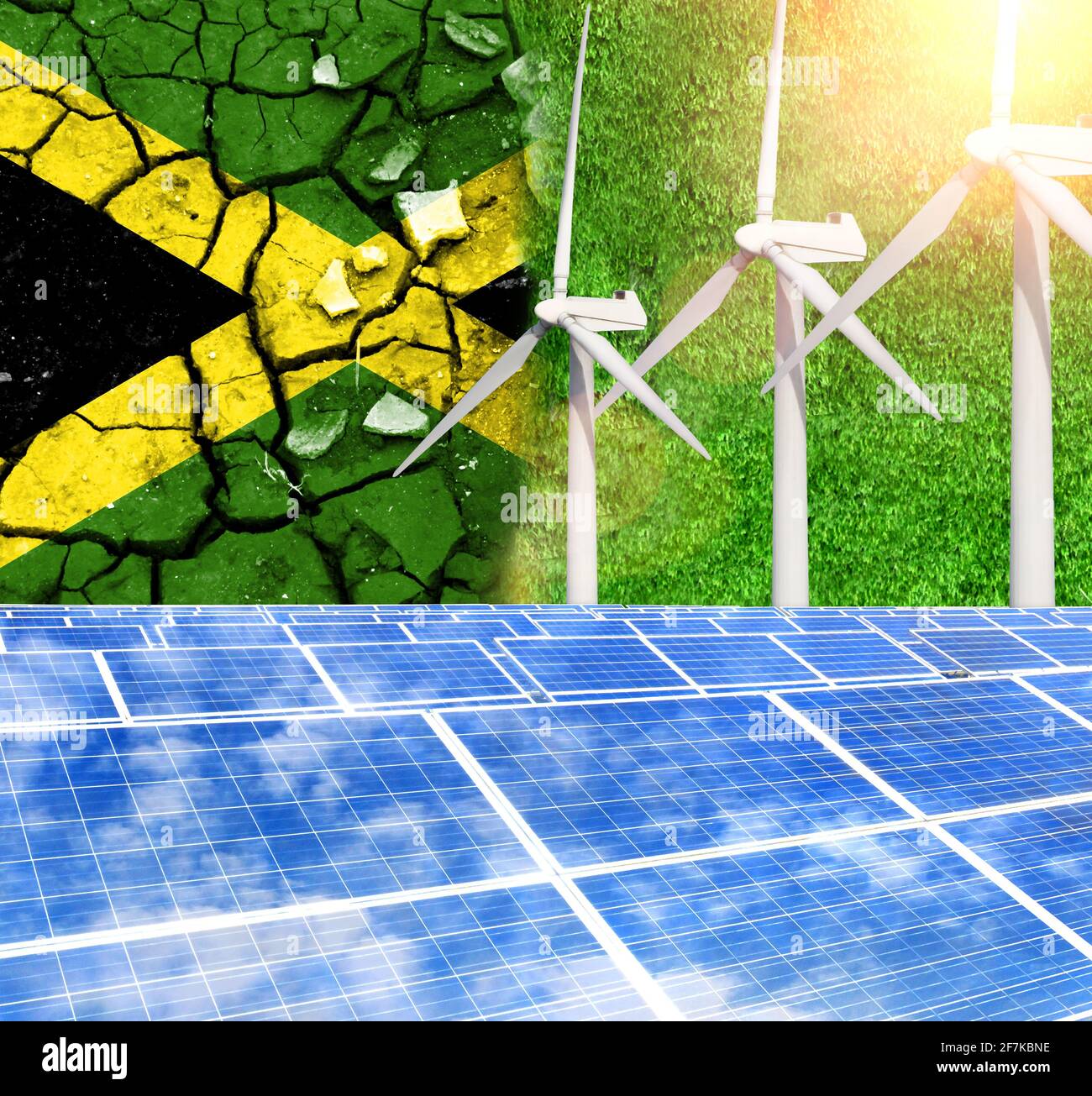 Solar panels on the background with the flag of Jamaica and Wind