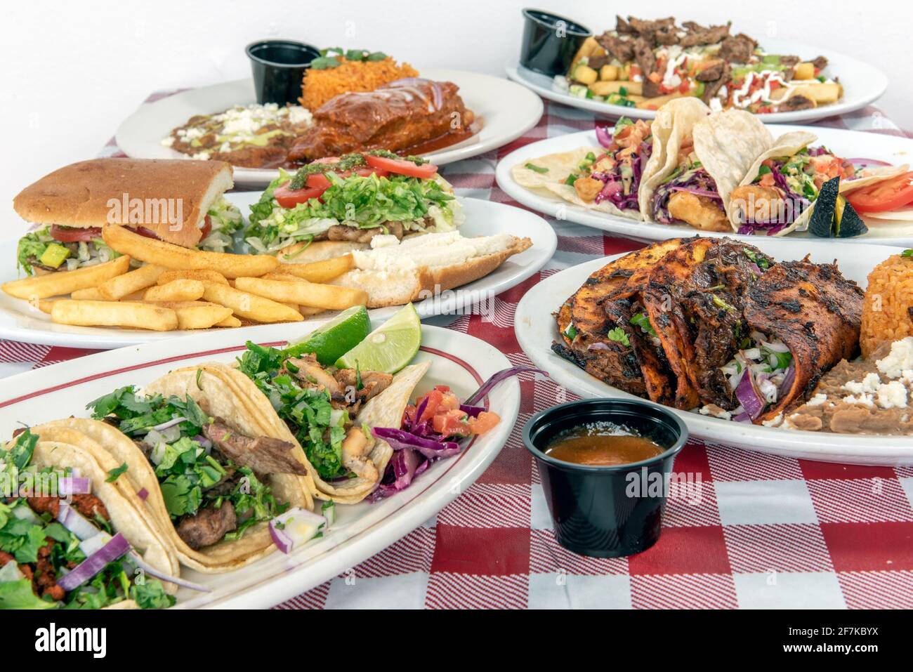 Restaurant style plates of delicious Mexican food dishes with a variety