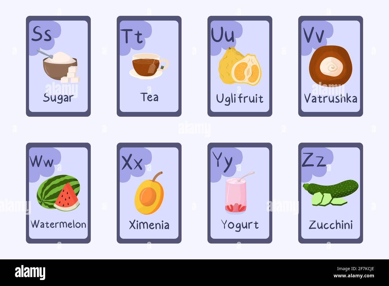 Colorful alphabet Letter S, T, U, V, W, X, Y, Z - sugar, tea, ugli fruit, vatrushka, watermelon, ximenia, yogurt, zucchini. Stock Vector
