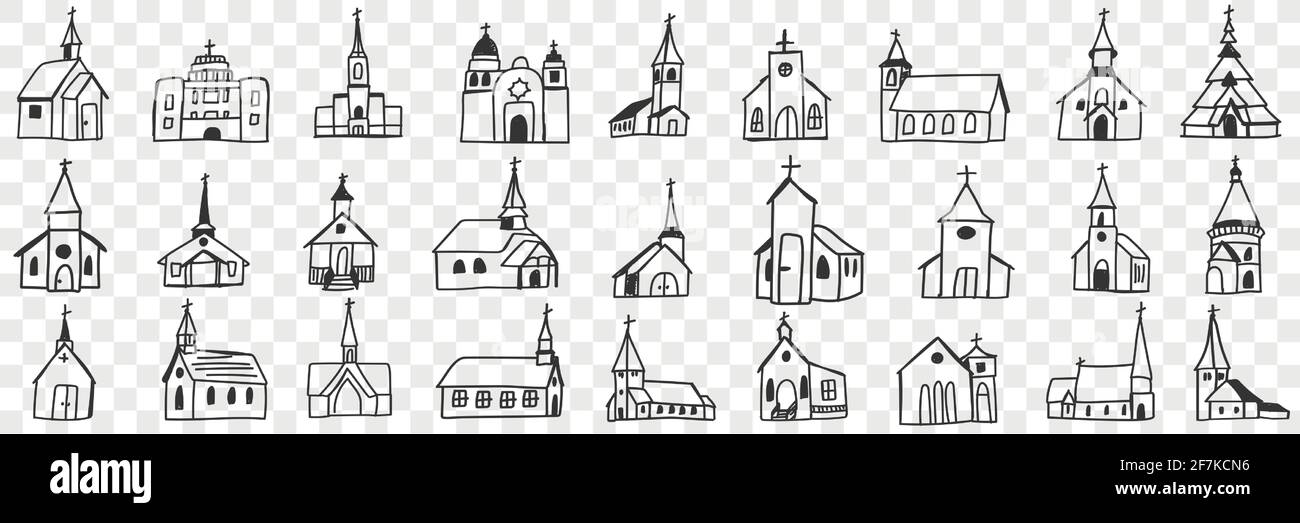 Church facades with towers doodle set. Collection of hand drawn various facades of religious churches buildings isolated on transparent background Stock Vector