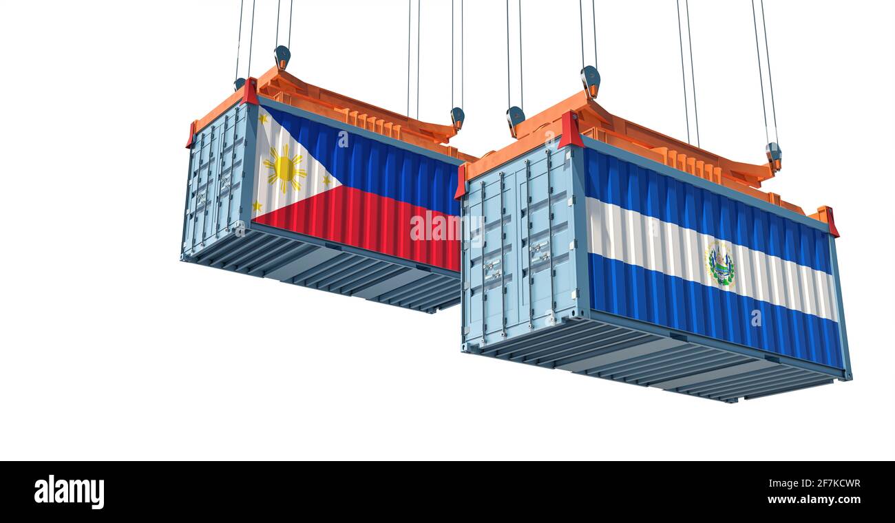 Freight containers with Philippines and El Salvador flag. 3D Rendering