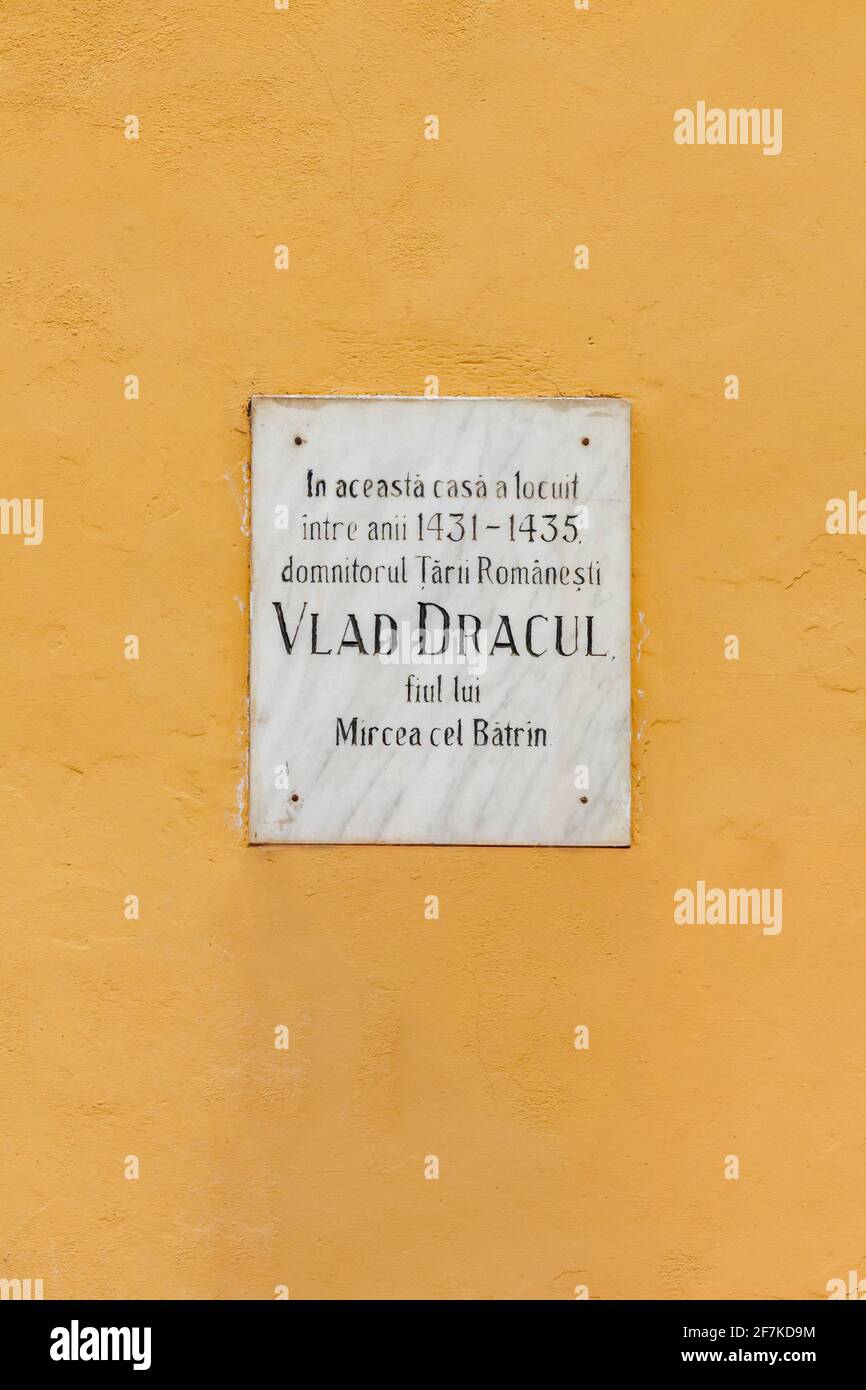 Plaque outside Vlad Dracul House, birthplace of Vlad Dracula, Sighisoara, Transylvania, Romania. Stock Photo