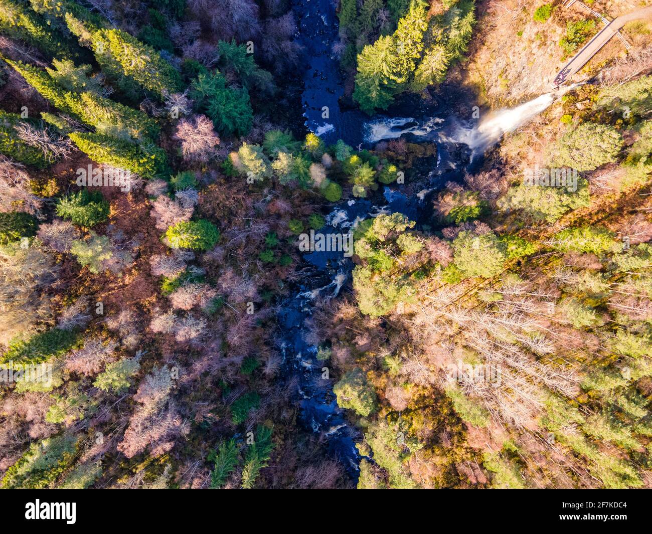 A birds eye view of Plodda Falls near Tomich in Strath Glass.  The falls plumed 46m from the Allt na Bodachan into the Abhainn Deabhag, itself a tribu Stock Photo