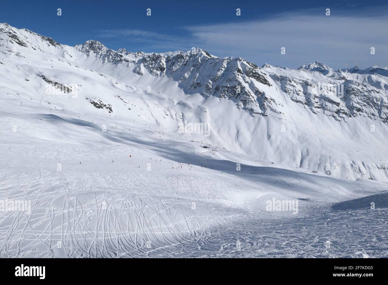 Ski slope in La Rosiere in France. French alps winter mountains landscape. Stock Photo