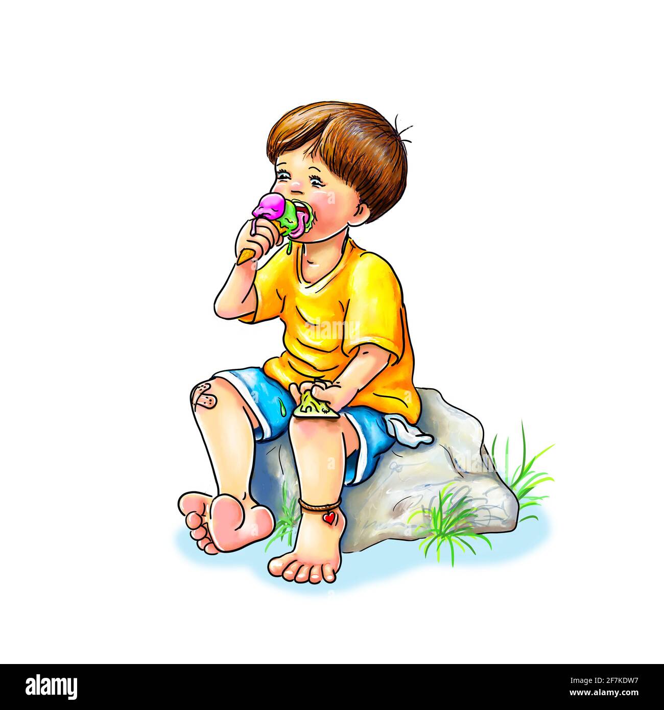 Young child sitting barefoot on stone holds ice cream waffle balls in hand licks enjoys cooling off summer refreshment pocket money in one hand cute p Stock Photo