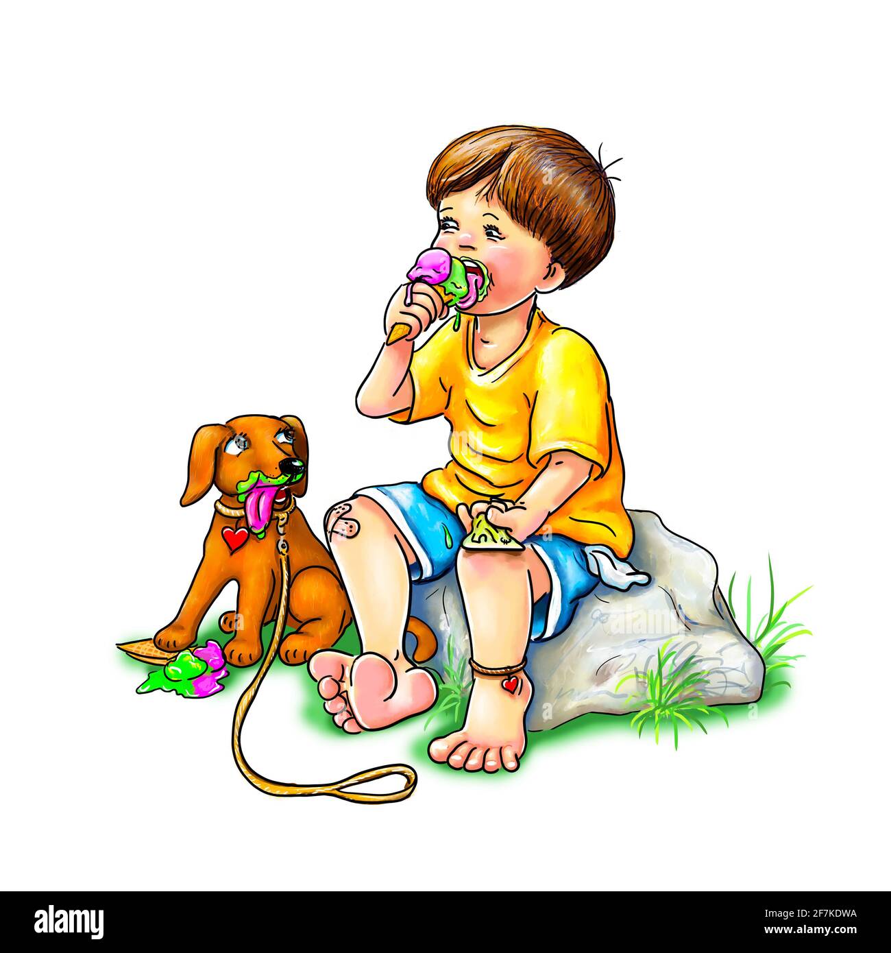 My last pocket money. Boy sits barefoot with his dog on a stone. Eat lick ice cream. Remaining money in hand. Summer, warm, cooling off, leisure time Stock Photo