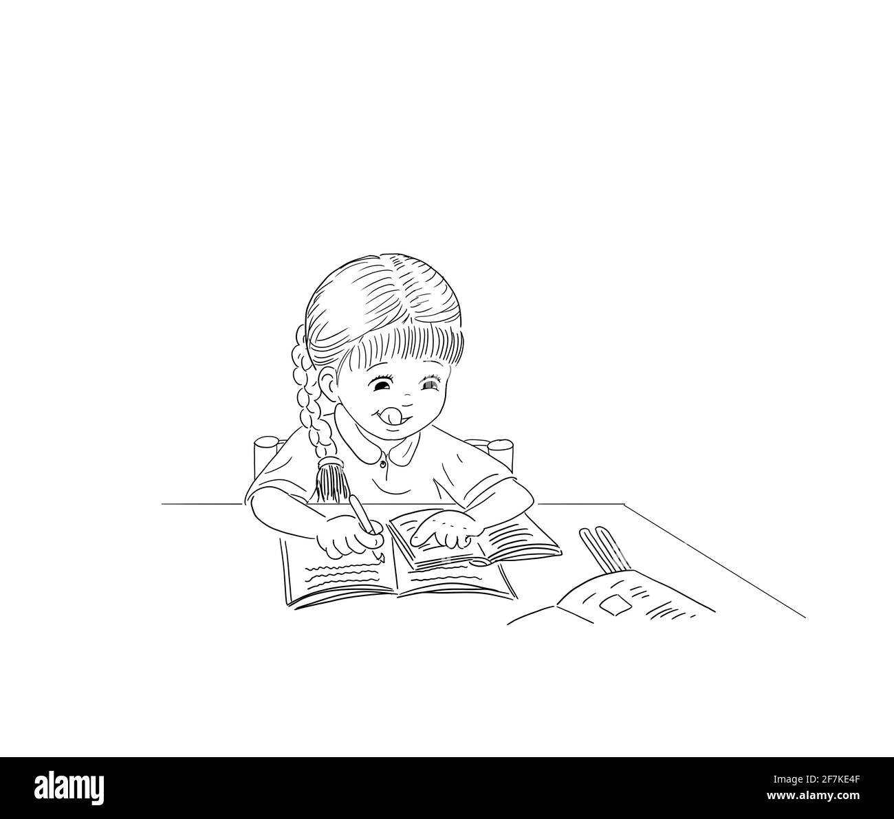 Girl schoolgirl child with pigtail sits at the table exercise books education learning material school homework home schooling learn write schoolwork Stock Photo