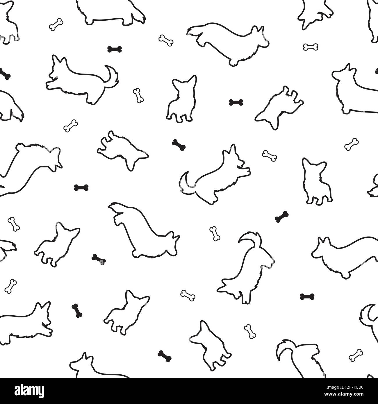 Seamless pattern with cute cartoon dogs breed Welsh Corgi Pembroke on white background. Little puppies. Children's illustration. Vector image. Funny a Stock Vector