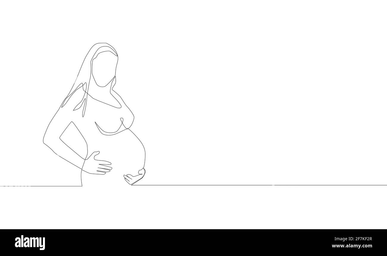 Self, drawing continuous single drawn one line pregnant woman nursing woman hand-drawn picture silhouette. Line art Stock Vector