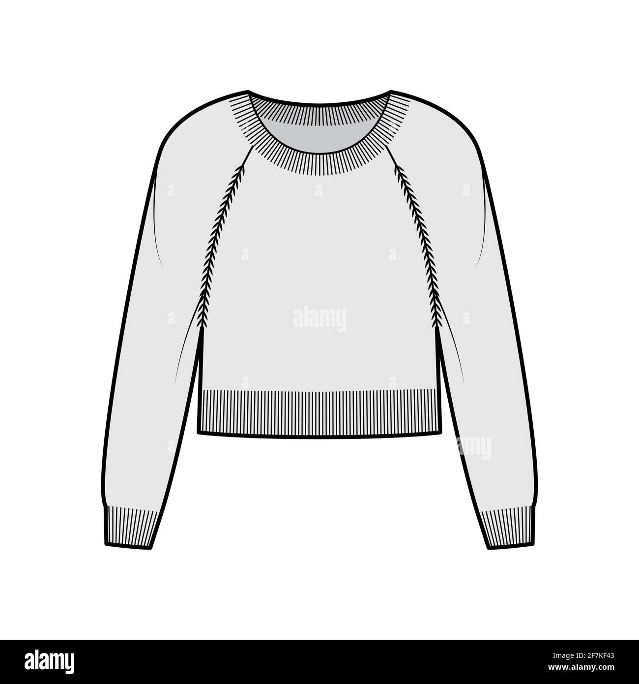 Round neck Sweater cropped technical fashion illustration with long raglan sleeves, waist length, knit rib trim. Flat jumper apparel front, grey color style. Women men unisex CAD mockup Stock Vector