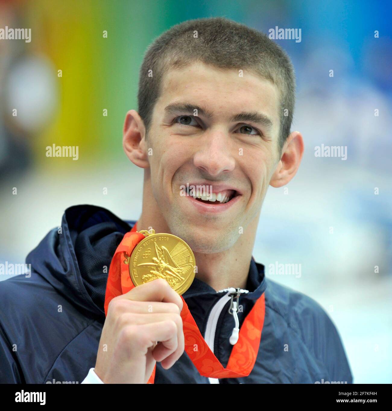 OLYMPIC GAMES BEIJING 2008.  4th DAY 12/8/08. MICHAEL PHELPS AFTER WINNING GOLD HIS 3rd IN THE 200m FREESTYLE.  PICTURE DAVID ASHDOWN Stock Photo
