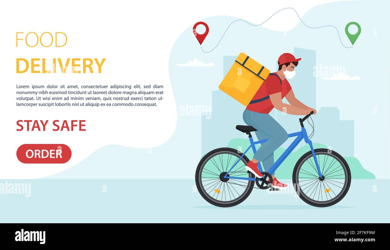 Courier on bicycle with parcel box. Bike delivery service concept. Fast delivery food concept under conditions of coronavirus. Vector illustration Stock Vector