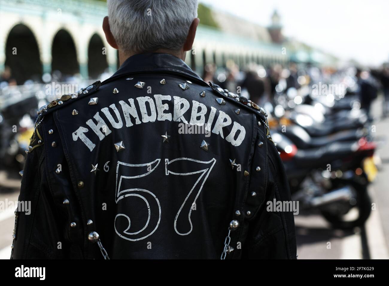 Rear view of Rocker wearing a painted leather jacket at England at the Ace Cafe Brighton Burn Up, UK Stock Photo