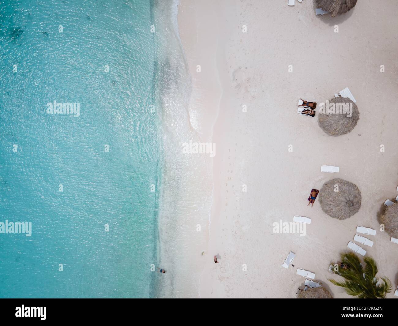 Aerial view of the coast of Curacao in the Caribbean Sea with turquoise