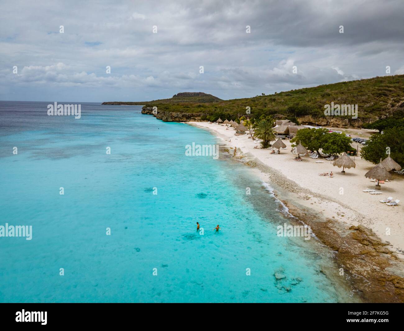 Aerial view of the coast of Curacao in the Caribbean Sea with turquoise