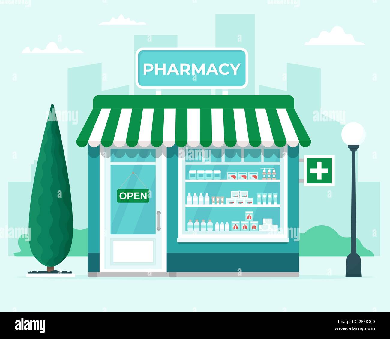 Pharmacy store front on city background. Commercial, property medicine building. Vector illustration in flat style Stock Vector