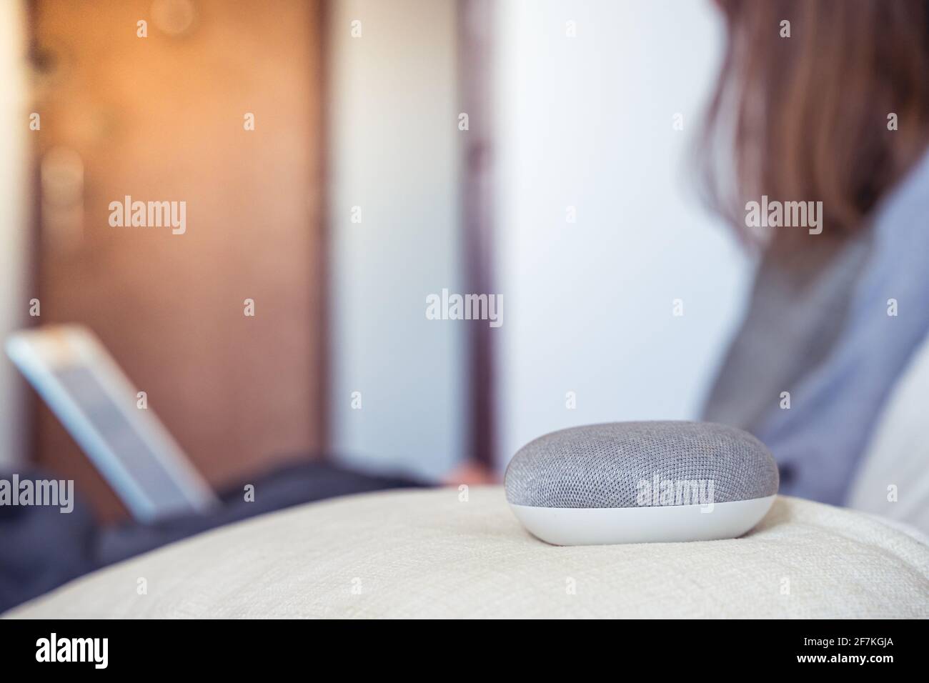 voice controlled smart speaker in a interior. female working in background Stock Photo