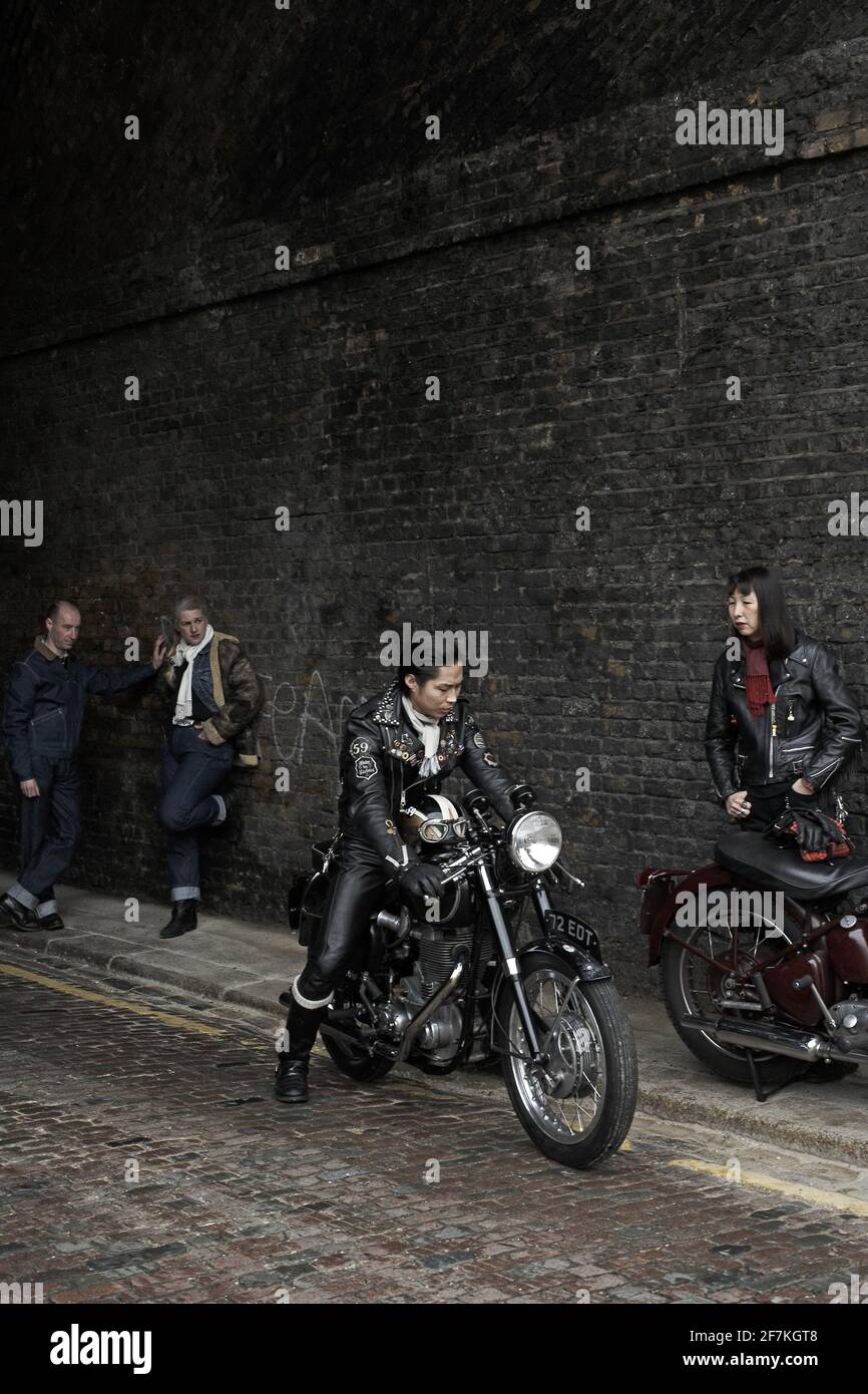 Rockers gang on classic cafe racer motorcycles in London , UK Stock Photo