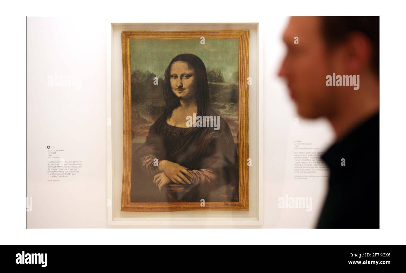 Marcel Duchamp... L.H.O.O.Q 1967.Duchamp, Man Ray, Picabia Exhibition at the Tate Modern 21 Feb - 26 may 2008 photograph by David Sandison The Independent  Mona Lisa Stock Photo