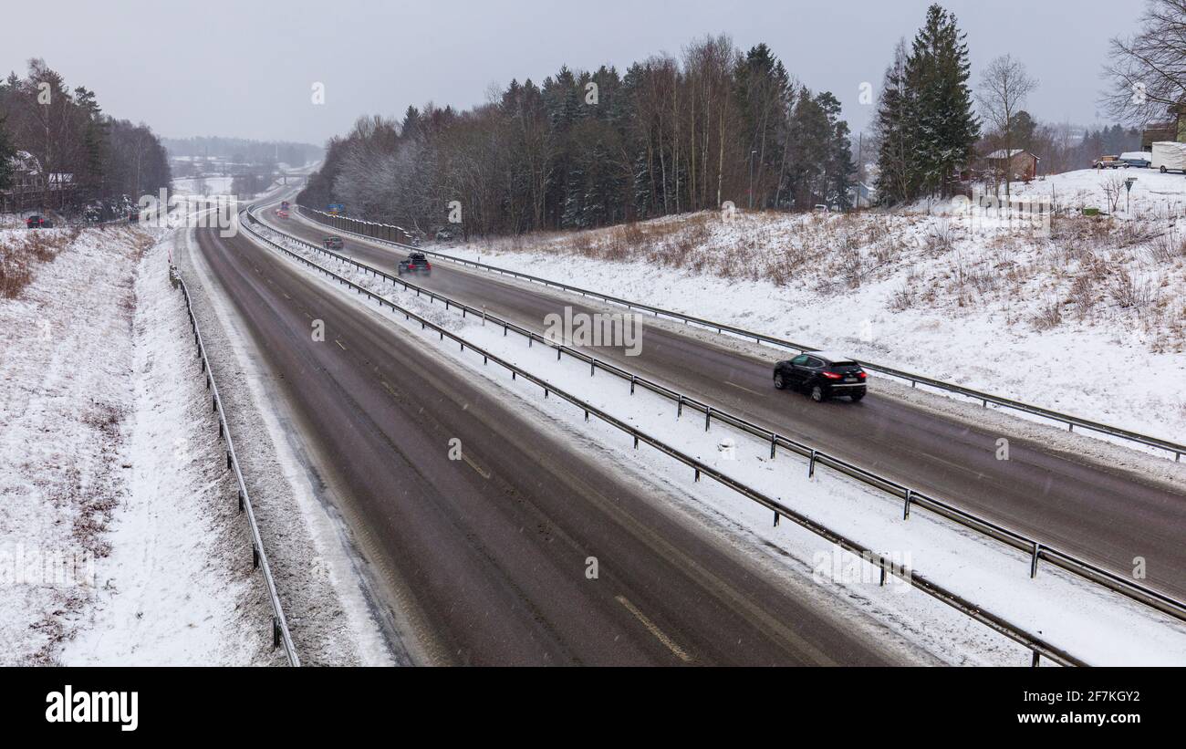 Floda, Sweden. 11th of March 2021. SWE Weather: Storm Evert results in widespread hazardous slippery road surface conditions with significant amounts Stock Photo