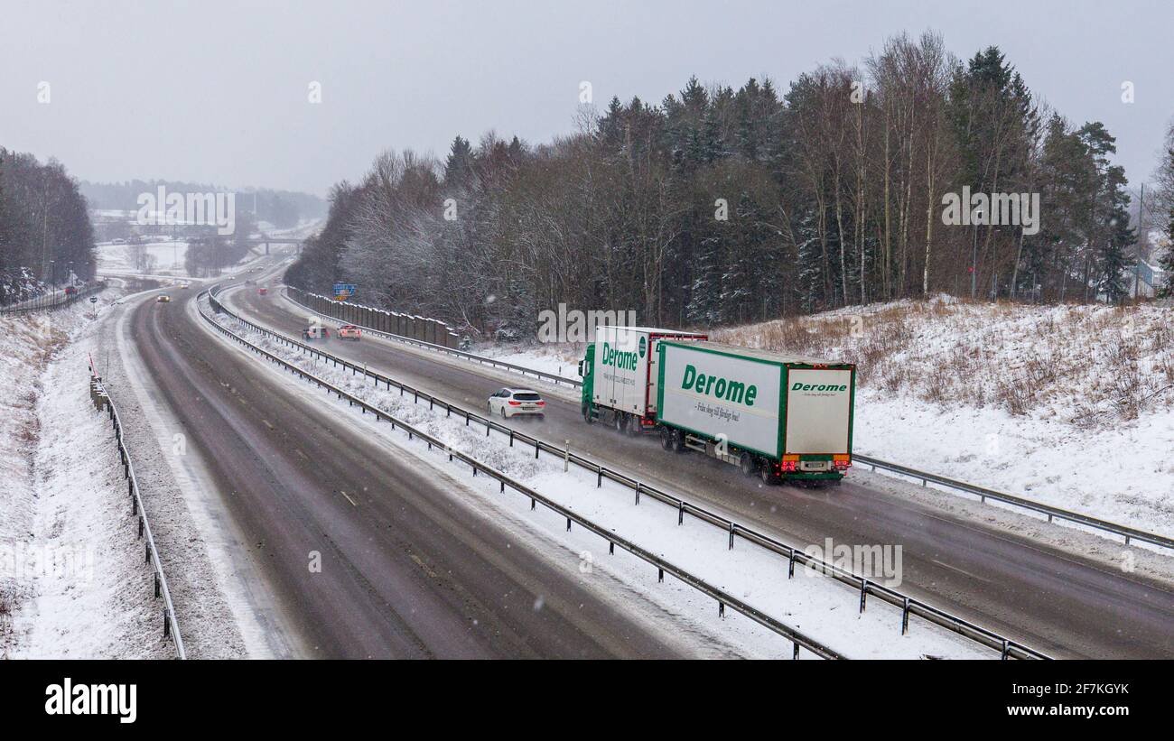 Floda, Sweden. 11th of March 2021. SWE Weather: Storm Evert results in widespread hazardous slippery road surface conditions with significant amounts Stock Photo