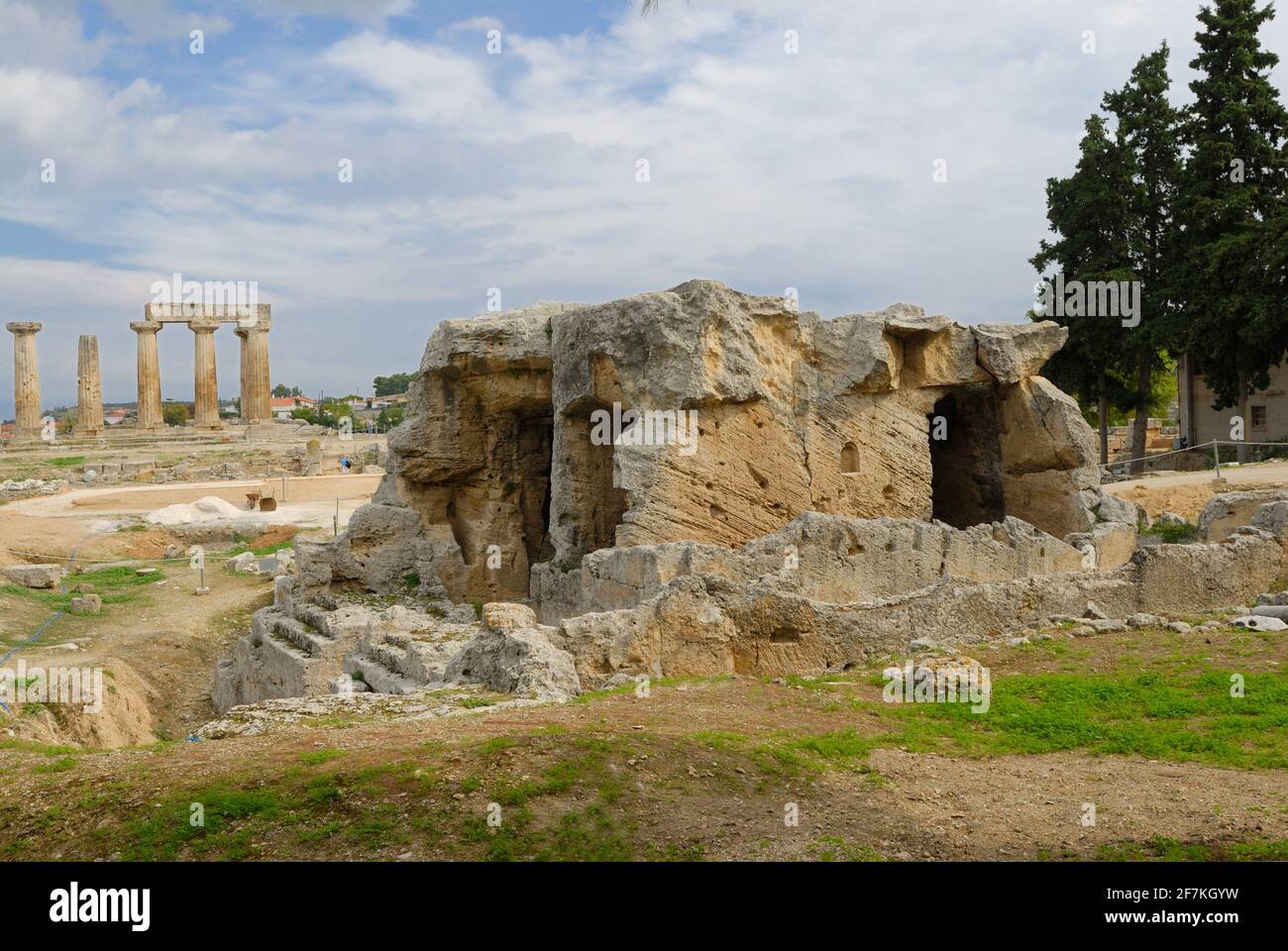 ruins of ancient Corinth, temple of Apollo and house of springs, Greece, Europe Stock Photo