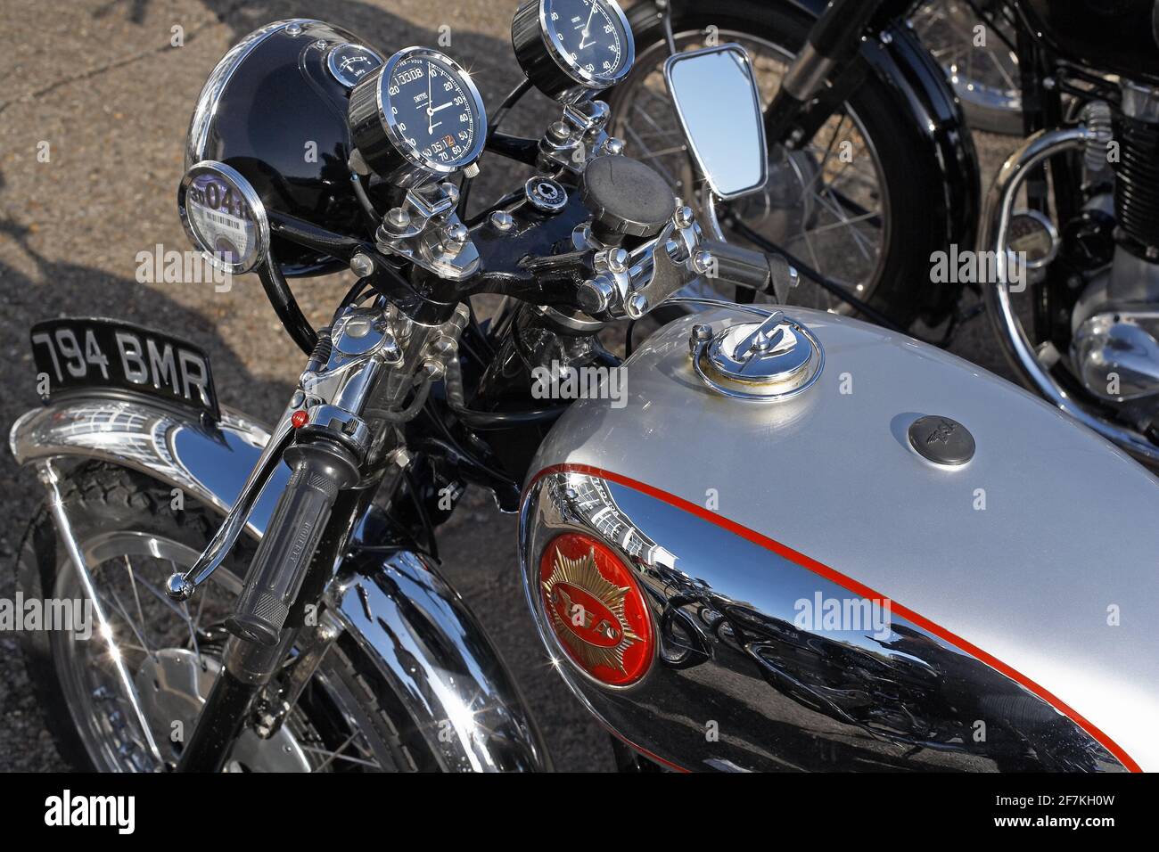 Close up of classic BSA motorcycle at Ton up Day, Jacks Hill Cafe, Towcester, Northamptonshire, England. Stock Photo