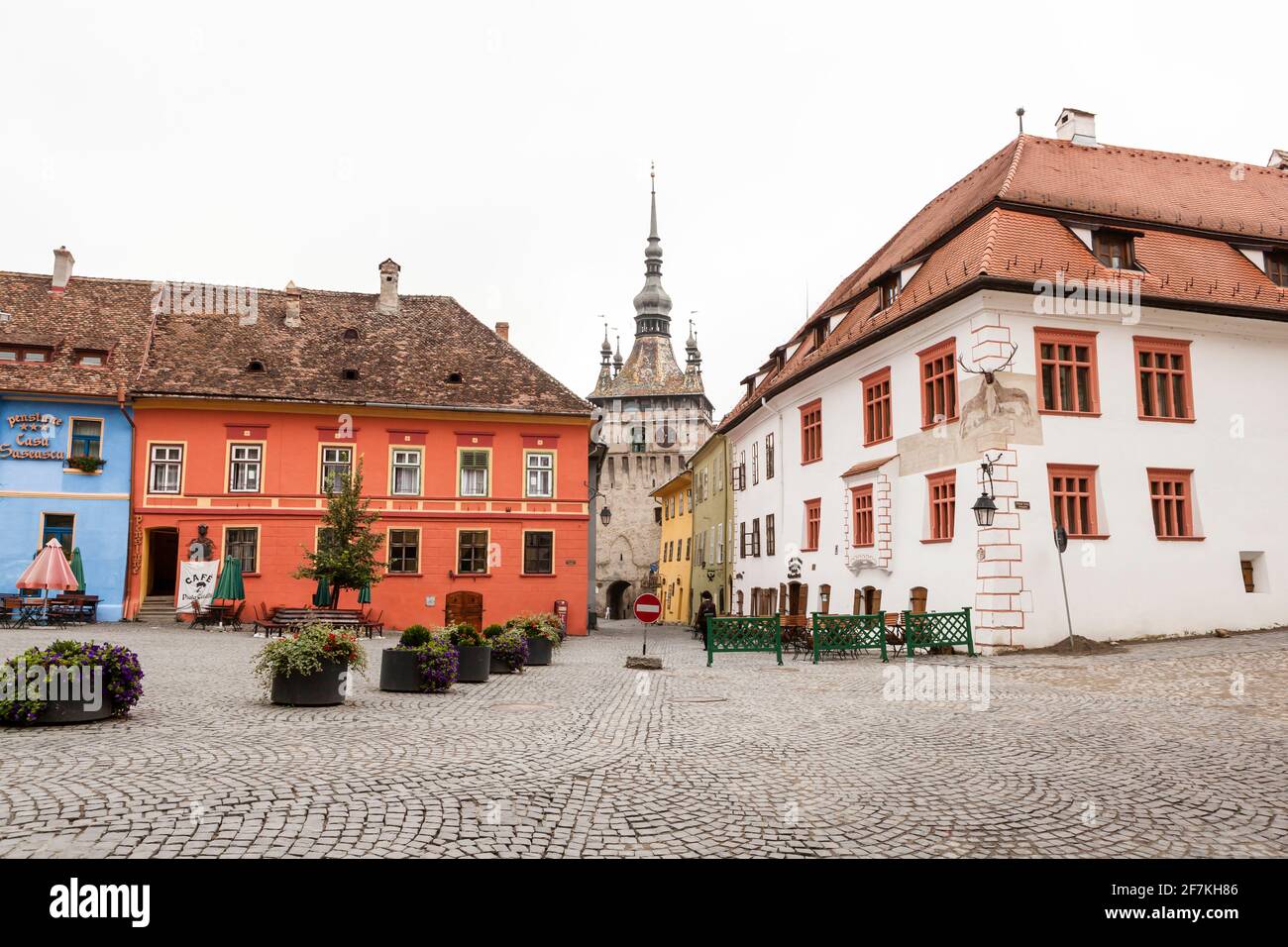 Citidel Square, known as Piața Cetății in Romanian, in the centre of Sighişoara, Transylvania, Romania Stock Photo