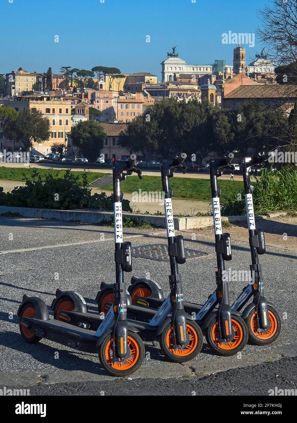 Italy, Rome, March 03, 2021 Electric scooters parked near the Circo