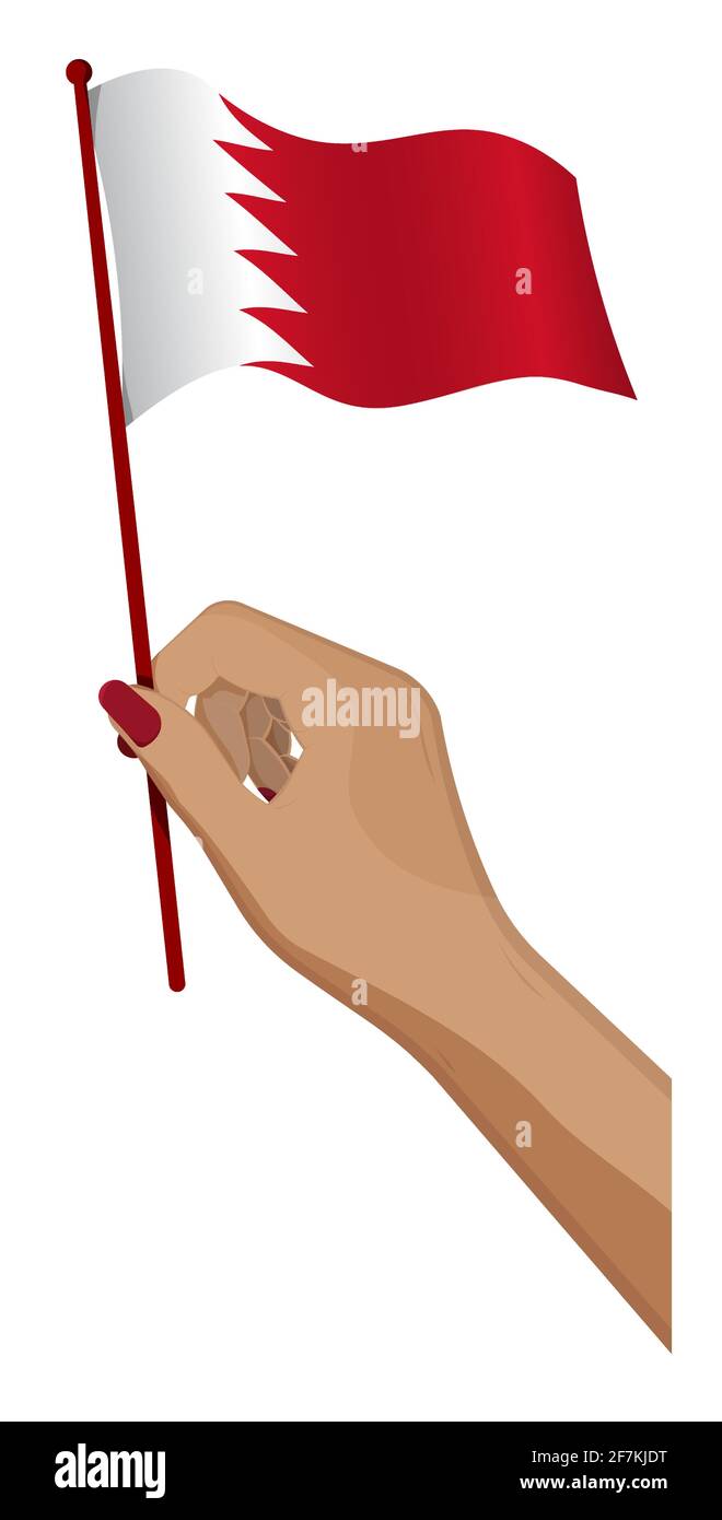Female hand gently holds small Bahrain flag. Holiday design element. Cartoon vector on white background Stock Vector