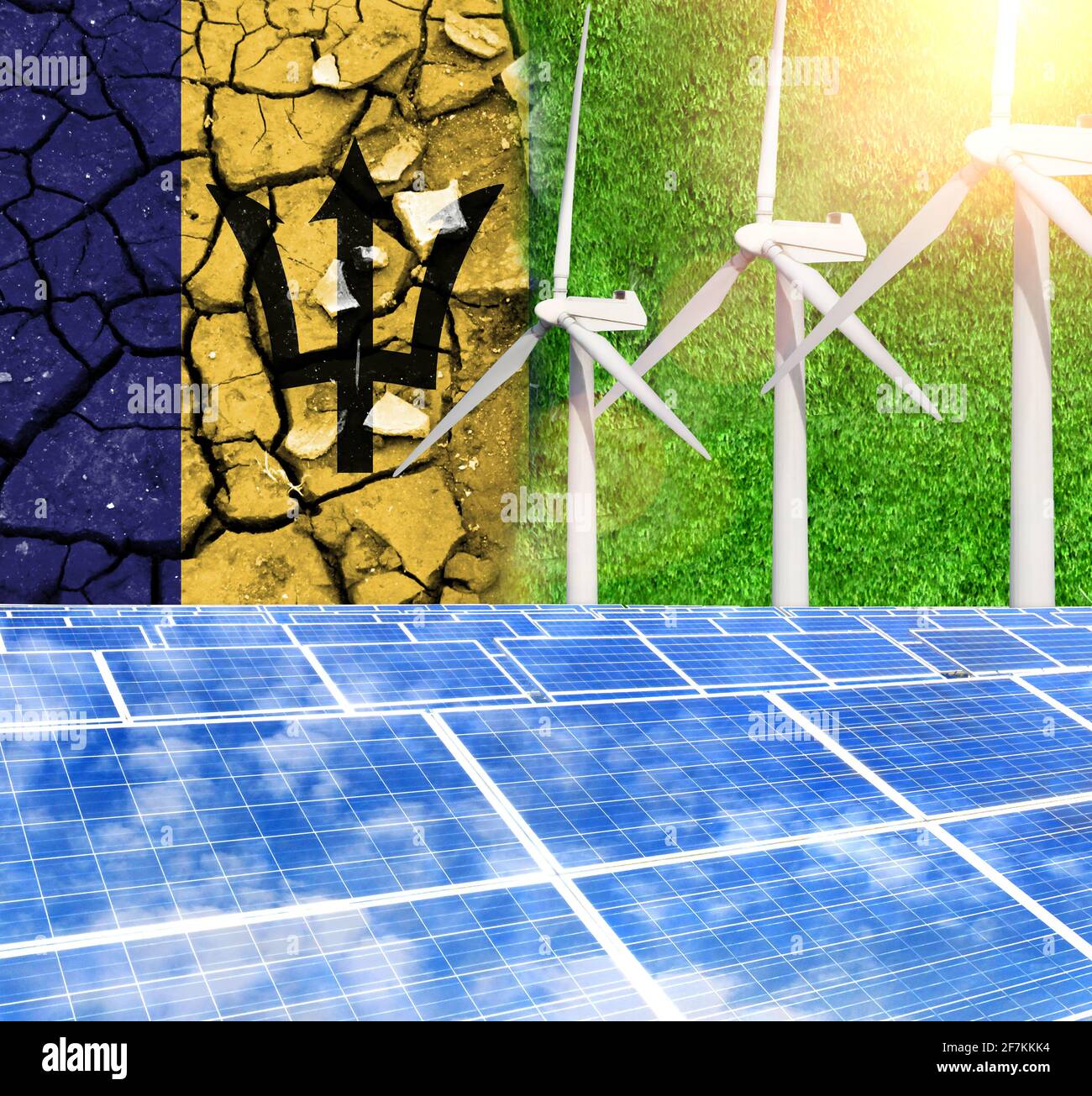 Solar panels on the background with the flag of Barbados and Wind